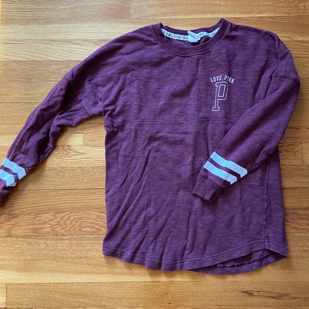 Size XS PINK Burgundy Varsity Long Sleeve Crew Neck